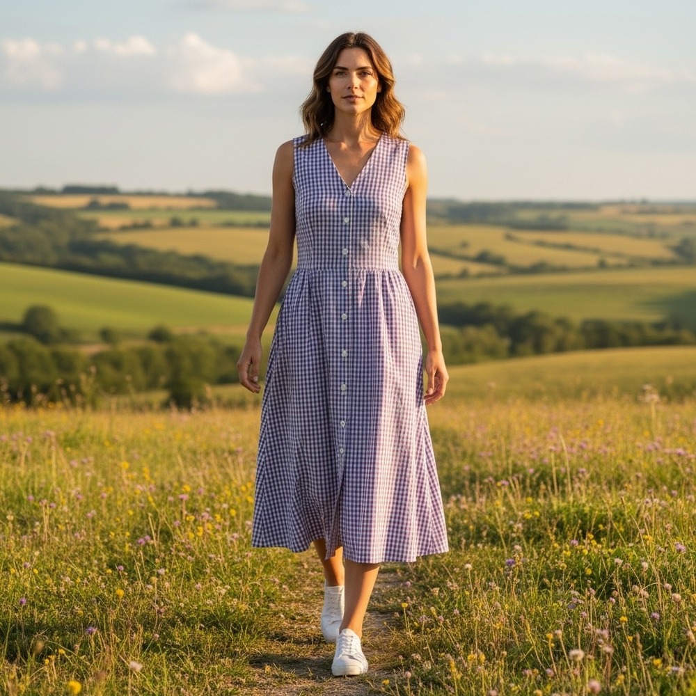 Vintage Purple Gingham Button Front Midi Dress Sleeveless L Oregon Signature